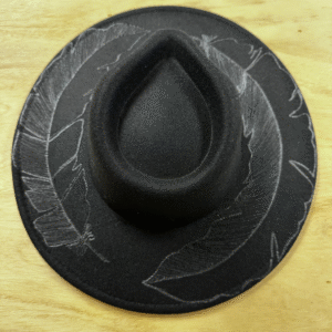 Raven Flight – Hand-Burned Black Fedora with Feather Design