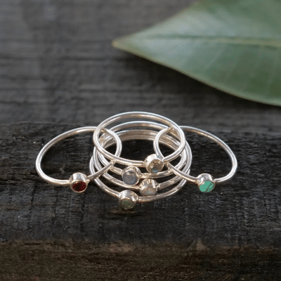 Sterling Silver Faceted Stone Stacking Rings | Gemstone Thin Band Rings | Turquoise, Moonstone, Labradorite, Emerald, Lapis & Garnet Jewelry 1 Sterling Silver Faceted Stone Stacking Rings | Gemstone Thin Band Rings | Turquoise, Moonstone, Labradorite, Emerald, Lapis & Garnet Jewelry
