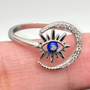 Celestial Evil Eye Moon Ring | Crystal Crescent Moon Statement Ring