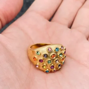 🌈 Rainbow Confetti Statement Ring | Colorful Crystal Gold Dome Ring
