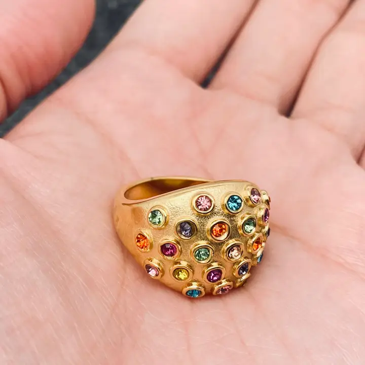 🌈 Rainbow Confetti Statement Ring | Colorful Crystal Gold Dome Ring 1 🌈 Rainbow Confetti Statement Ring | Colorful Crystal Gold Dome Ring